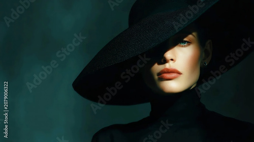 Mysterious beautiful woman wearing a wide brimmed black hat with dramatic shadow over her face. AI generated