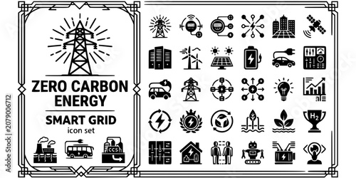 Canvastavla Smart Grid Future Art Deco Black White-Sunburst Tower Crest Zero Carbon-Energy V