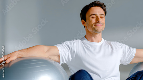 Smiling man leaning on exercise ball for fitness background and relaxation banner design focused on breathing and postural stretch