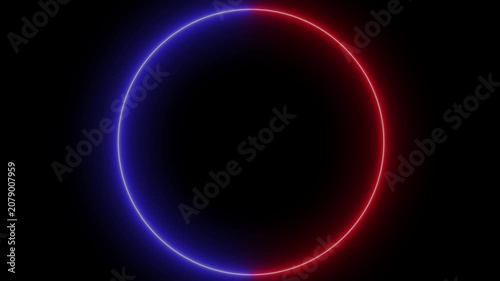Abstract Neon flickering Circle with Blue and Red Light Effects on Black Background,Looping animation Glowing neon circle flickering animated on black background.