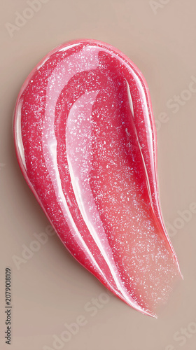 Macro texture of a glossy pink lip gloss or creamy tint smear with shimmer sparkles on a neutral beige background. AI generated