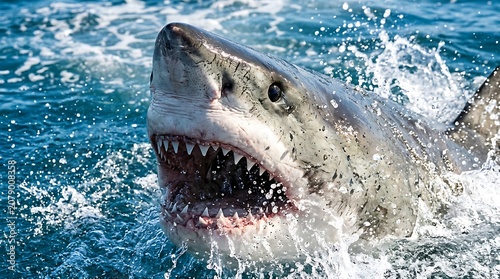 Great white shark breaching ocean surface with open jaws