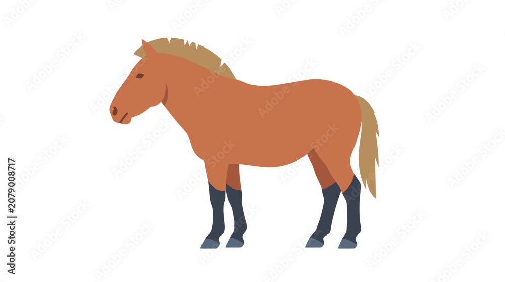 Fototapeta premium Brown Horse Illustration Standing Side Profile, Flat Design, Isolated