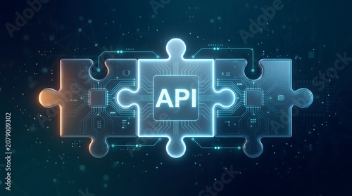Application programming interface digital connection. Glowing blue tech puzzle pieces merging to symbolize software development, seamless network integration and database exchange.