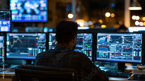 Back view of a person at a desk with multiple monitors showing data