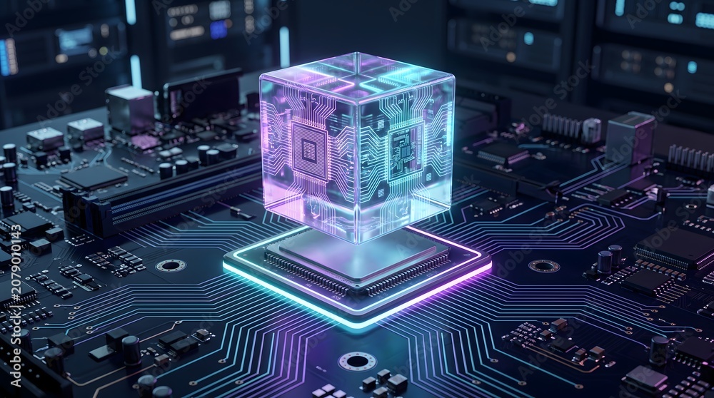 Fototapeta premium Quantum computing processor core. Holographic data cube floating above futuristic motherboard representing artificial intelligence hardware and machine learning infrastructure.