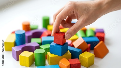 Hand placing colorful block among scattered building blocks, playful composition