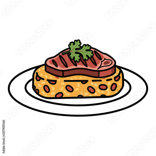 Grilled Steak with Rice and Beans on a Plate.