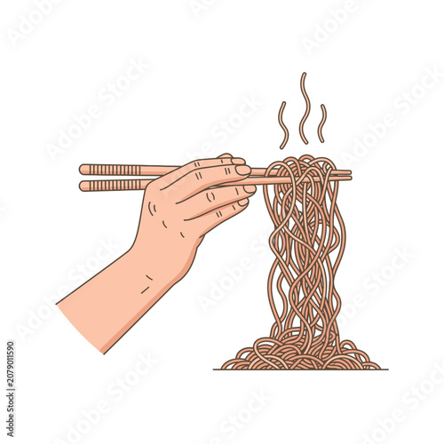 Hand holding chopsticks lifting steaming noodles illustration.