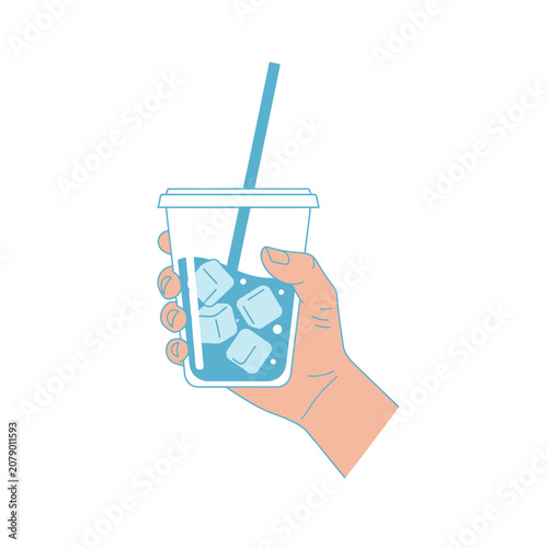 Hand Holding Refreshing Cold Drink with Ice Cubes and Straw.