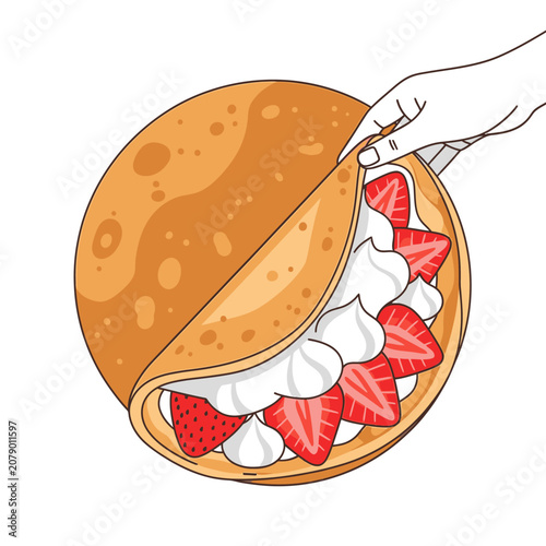 Hand opening a delicious strawberry and cream crepe.