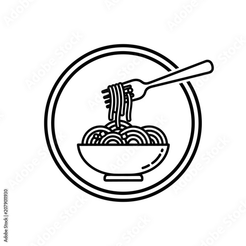 Simple Line Art Icon of Spaghetti on Fork and Bowl.