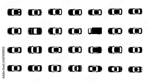 Fotografía Black car and truck silhouettes in a grid view from above