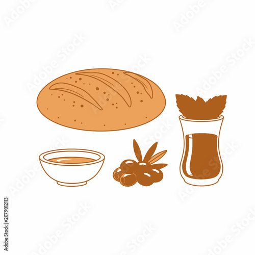 Traditional Mediterranean Breakfast with Bread Olives Olive Oil and Tea.