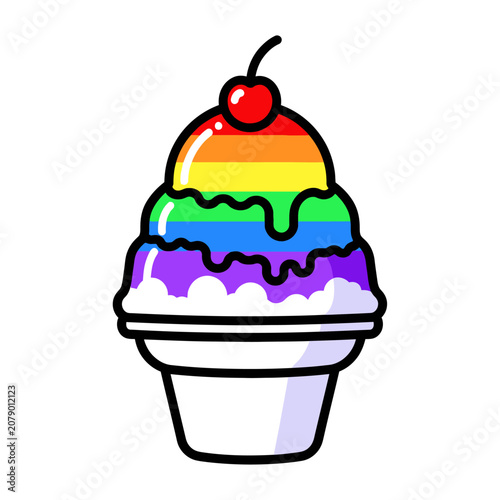Vibrant Rainbow Ice Cream Cone with Cherry Topping Cartoon Illustration.