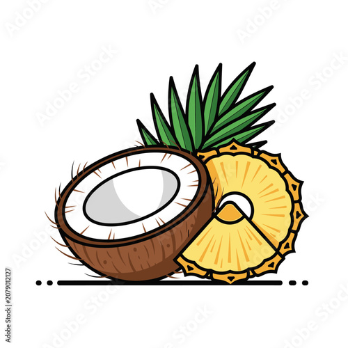 Tropical Coconut and Pineapple Fruit Illustration.