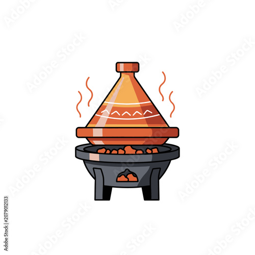 Traditional Moroccan Tagine Cooking Pot Steaming on a Brazier.
