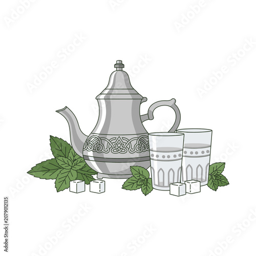Traditional Moroccan Mint Tea Set with Teapot Glasses Mint Leaves and Sugar Cubes.
