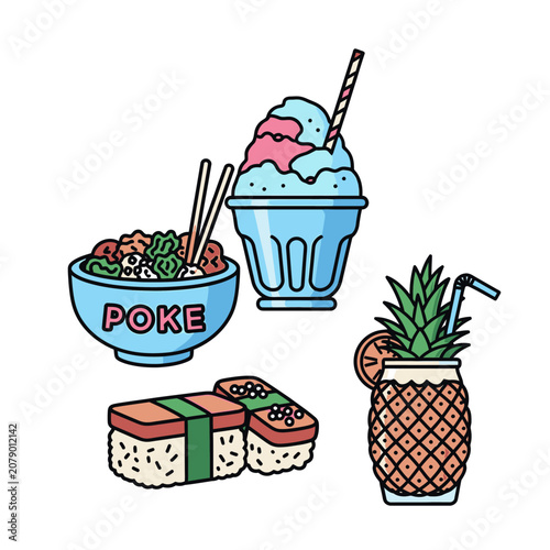 Vibrant Hawaiian Food and Drink Collection with Poke Bowl Shave Ice Sushi and Pineapple Cocktail.