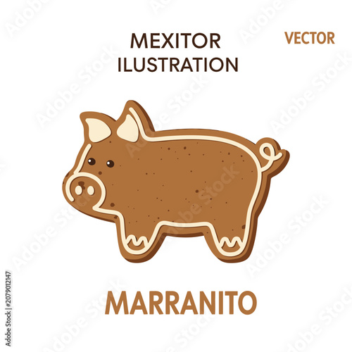 Traditional Mexican Marranito Pig Shaped Gingerbread Cookie Illustration.