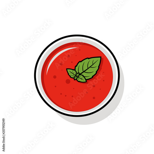 Vibrant Red Tomato Soup with Fresh Basil Garnish in a White Bowl.