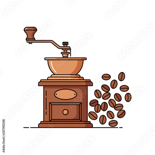 Vintage Coffee Grinder with Roasted Coffee Beans Illustration.