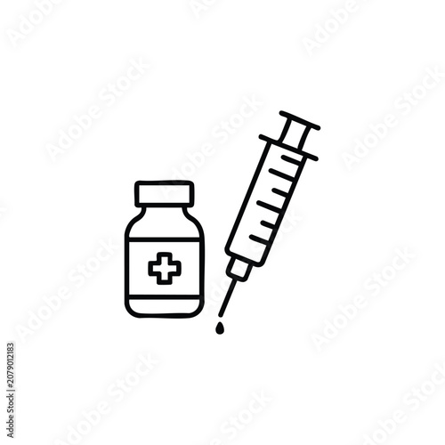Medical syringe and vial medical syringe and vial medicaments black and white vector icon