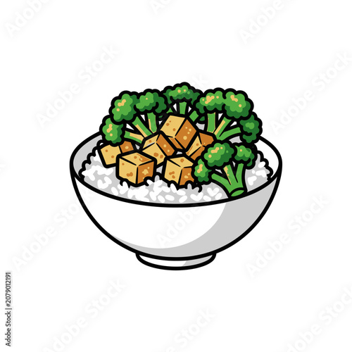 A simple cartoon illustration of a bowl of white rice topped with green broccoli florets and golden brown tofu cubes presented on a clean white background.
