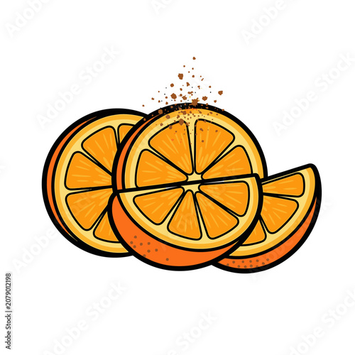 Vibrant Orange Slices with Zest Sprinkles on White Background.