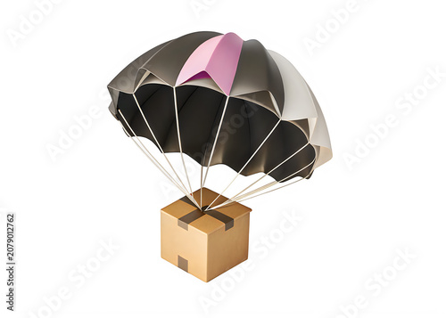 Cardboard box with parachute descending isolated on transparent background