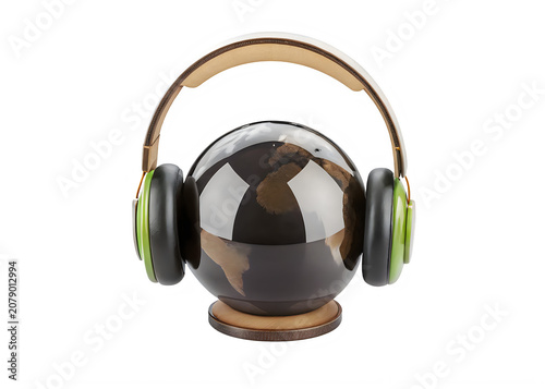 Globe with headphones representing global communication isolated on transparent background