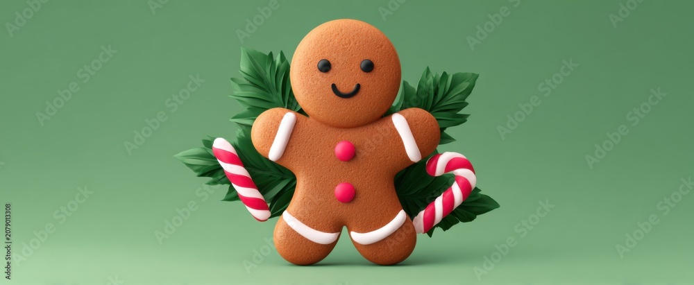 Naklejka premium The cheerful gingerbread cookie sparkles like holiday magic with candy canes and holly leaves.