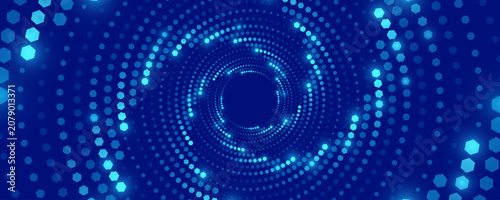 Spiral vortex formed by glowing hexagons on a dark blue background. Futuristic geometric design symbolizing data flow. Modern technology concept for business presentations. Vector illustration.