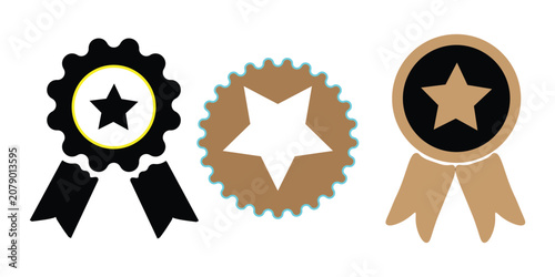 Gold and black award ribbon icons with stars, premium quality seal vector set, achievement and success badges for certification and ranking