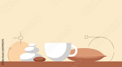 Canvas Print A minimalist vector illustration featuring a white cup, stacked zen stones, and a brown cushion on a calm, warm-toned background