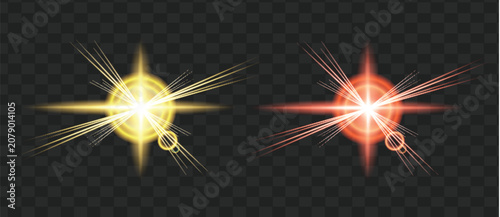 Tableau sur toile Vibrant yellow and red light burst illustrations shine brightly on a dark background with radiant beams and lens flares