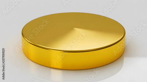 Golden hockey puck on white background shiny metallic surface 3d rendering