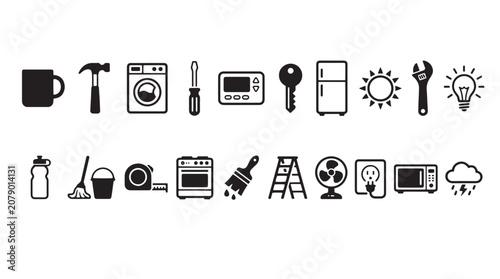 Foto Home repair, maintenance icons, 20 black line symbols, tools, household applianc