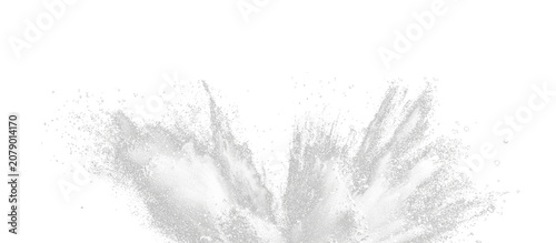 Konstfotografi Flying tapioca starch flour explosion with white powder particles falling through the air, isolated on a black background with selective focus and blur