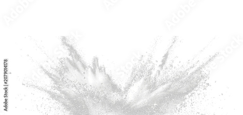 Photos Flying tapioca starch flour explosion with white powder particles falling through the air, isolated on a black background with selective focus and blur