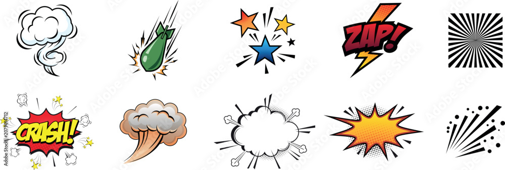 Obraz premium Set of comic effect shape with pop art style. Yellow comic explosion, lightning bolt and sparkle star effect. Surprise, attention and energy effect. Vector illustration isolated on white background.