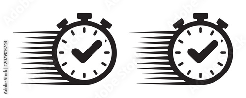Fast stopwatch icon set with check mark symbol representing quick completion and efficient speed delivery.