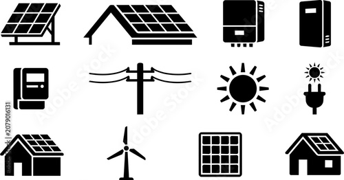 Solar Panel and Photovoltaic Equipment Silhouette Icon Set with Renewable Energy Components, Battery Storage and Solar Power Systems