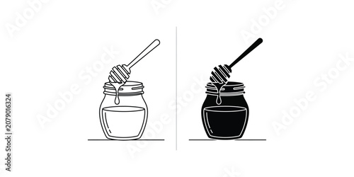 Schilderij op canvas Honey jar with wooden dipper icon set in outline and solid black style