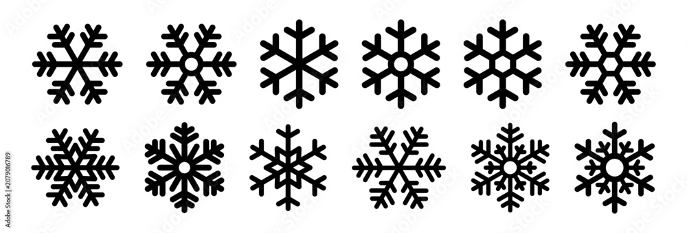 Fototapeta premium Snowflake icon set. Snow sign. Snowflake winter symbol. Snowflakes black icons. Christmas background. Winter icon. Snowflake flat collection. Frozen food product label packaging. Vector Illustration.