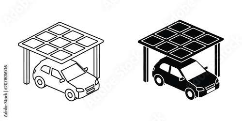Cuadro en lienzo Isometric solar carport with electric vehicle charging station icon set