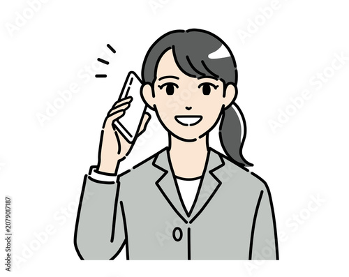 スマホで通話するスーツを着た若い女性のイラスト　正面