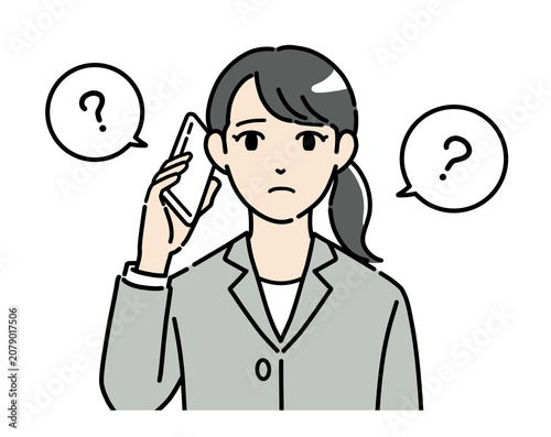 スマホで話しながら疑問に思うスーツを着た若い女性のイラスト　正面
