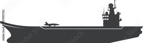 Foto Aircraft carrier silhouette with fighter jet, military warship illustration, nav