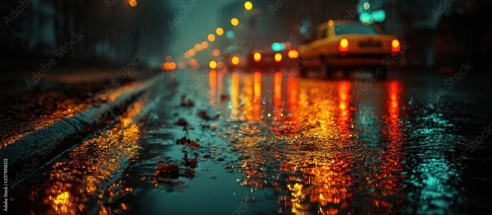 Fototapeta premium Rainy city street at night.